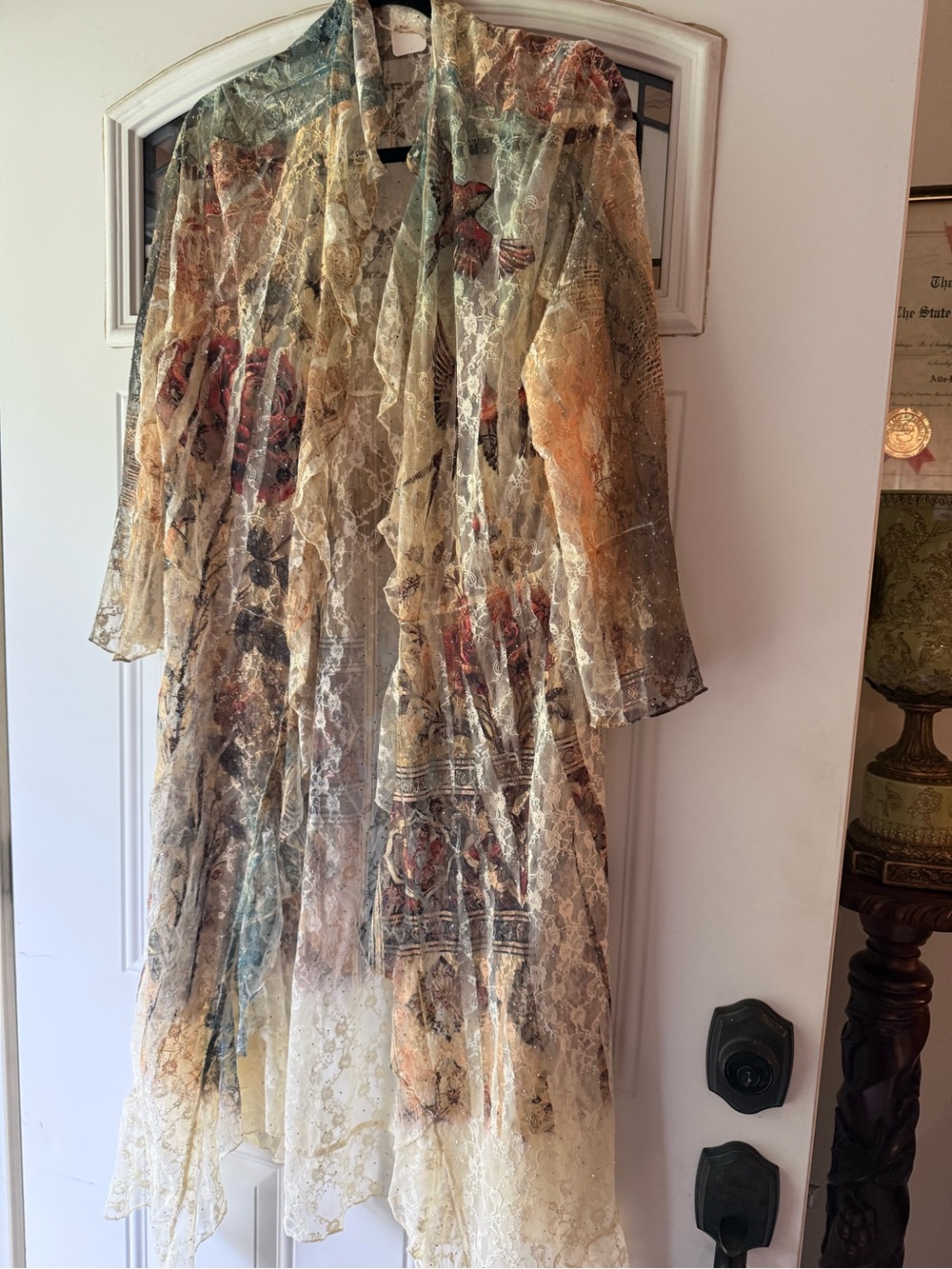 Origami Sheer Pheasant & Rose Lace Longline Duster in Cream Multi